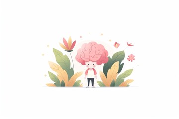 Minimalist illustration of a brain sprouting flowers symbolizing the growth of ideas creativity and mental wellness in a serene nature inspired setting