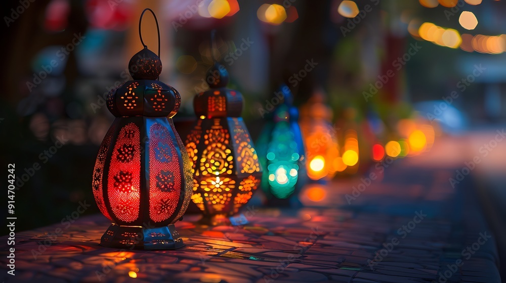 Poster Illuminated Lanterns on a Table in the Twilight
