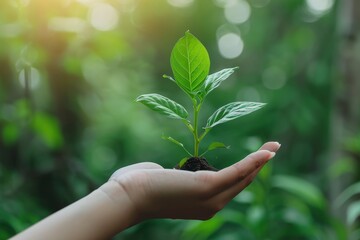 Environmental concept image of a young plant growing in a hand symbolizing sustainability nurturing and the hope for a greener future