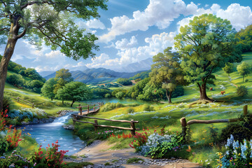 Obraz premium Serene Countryside Landscape with Rolling Hills, River and Wooden Bridge Framed by Decorative Floral Border