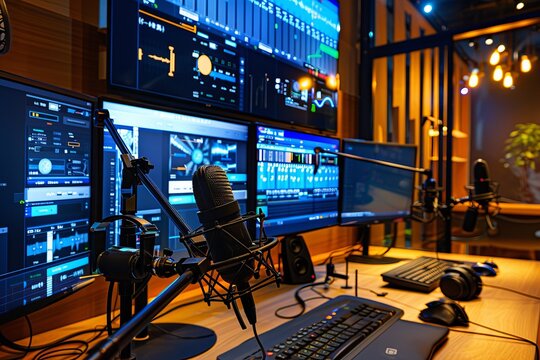 February 13th.World Radio Day.Vintage radio,radio station,radio station microphone.A modern radio studio setup with microphones, headphones, and large screens displaying live broadcasts