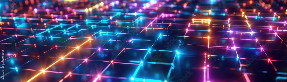 Poster abstract background with glowing lines and geometric shapes in vibrant colors.