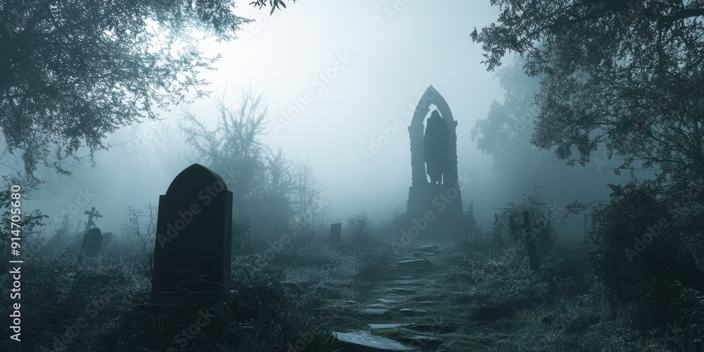 Poster a spooky stone path through a foggy graveyard, leading to a towering archway with a mysterious figur