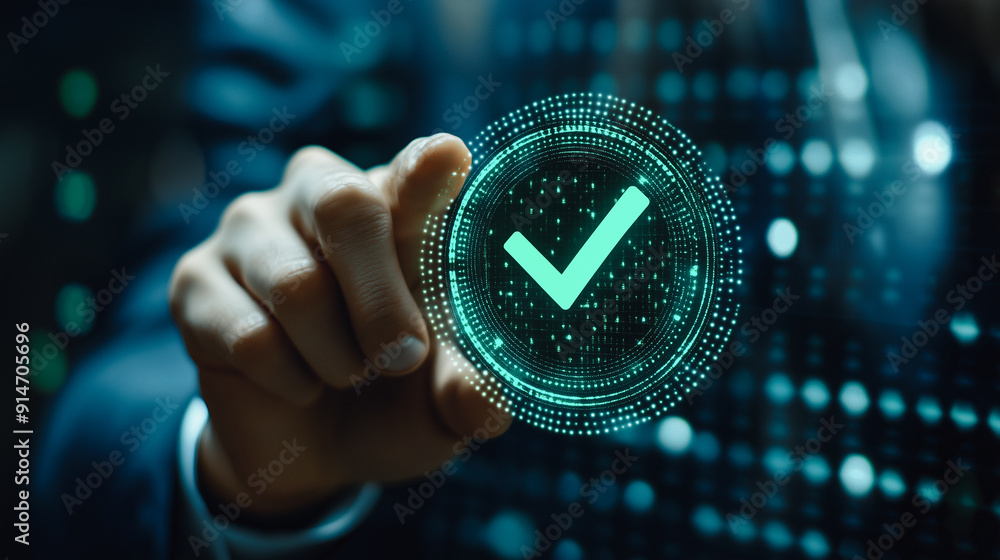 Poster a hand presses a digital holographic button with a green check mark, symbolizing successful verifica