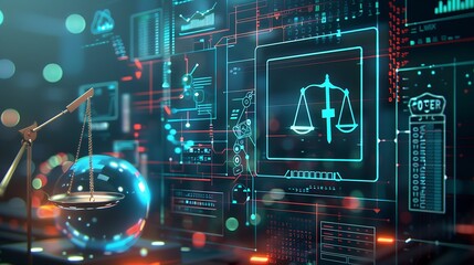 Obraz premium Digital Justice: Scales of Justice on a Futuristic Interface