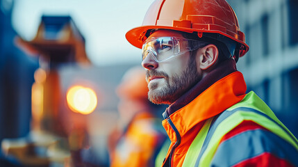 Fototapeta premium A construction worker in reflective safety gear and a hard hat gazes thoughtfully at a worksite, reflecting dedication and professionalism in a challenging environment.