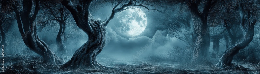 Poster a mystical forest scene with a large full moon shining through the trees, casting an ethereal glow o