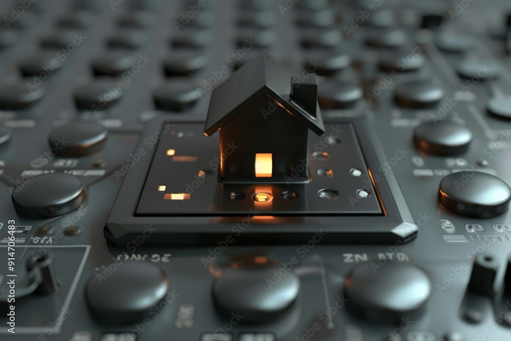 Poster high tech digital rendering of a house on a circuit board symbolizing the integration of technology 