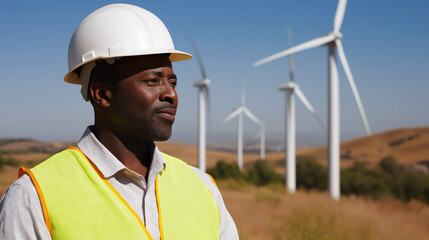 African-American engineer man wearing hard hat and safety vest, looking out at field of wind turbines, copy space