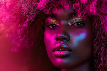 A closeup portrait of a Black woman with curly hair, illuminated by vibrant pink and blue neon lights. Her eyes are highlighted with gold eyeshadow, creating a striking contrast.