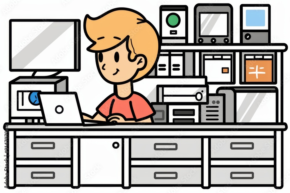 Poster simple line art illustration of a person working from home at a desk representing remote work produc