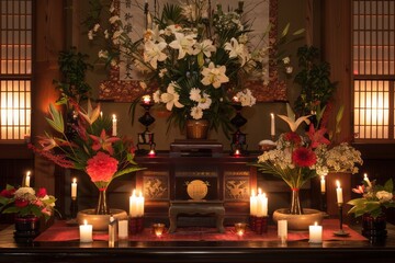 A beautifully decorated Obon altar with flowers, incense, and candles.Japan Obon festival.Obon matsuri,yukata,kimono,household altars