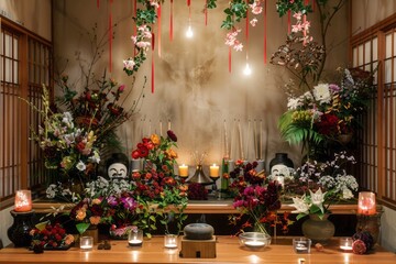 Japan Obon festival.Obon matsuri,yukata,kimono,household altars.A beautifully decorated Obon altar with flowers, incense, and candles