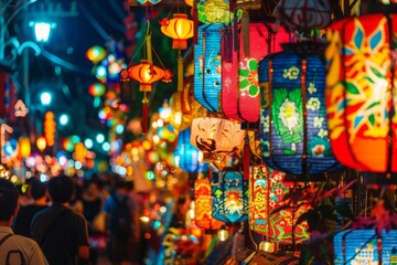 Traditional Obon festival floats adorned with colorful decorations and lights parading through the streets.Japan Obon festival.Obon matsuri.Japanese lantern,yukata,kimono,household altars.