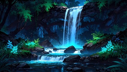 A beautiful waterfall surrounded by lush green trees and rocks. The water is blue and the sky is dark