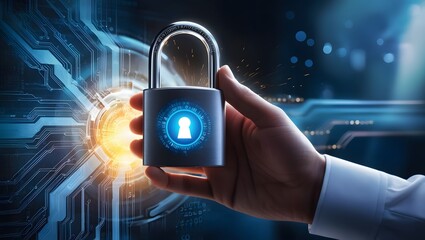Cyber security, Hand hold digital padlock, Login verified identity credentials on network of data protection technology. Generative AI 