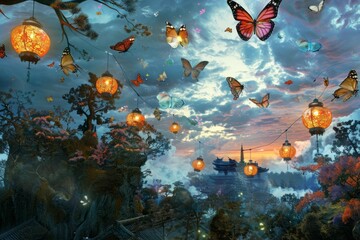 Japan Obon festival.Obon matsuri.Japanese lantern,yukata,kimono.A surreal scene where traditional Obon lanterns turn into colorful butterflies.