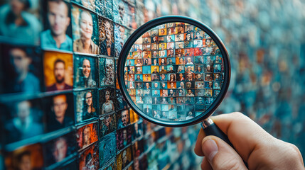 A hand holding a magnifying glass closely examines a wall filled with diverse individual portraits, representing detailed scrutiny or selection.