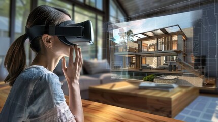 3D concept art depicting a virtual tour of a home using VR technology.