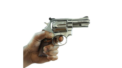 Hand holding gun revolver on transparent background
