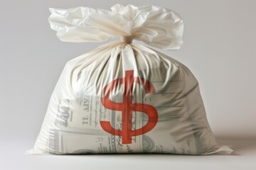 Bag of money tied with a rope on a simple background representing savings and financial security