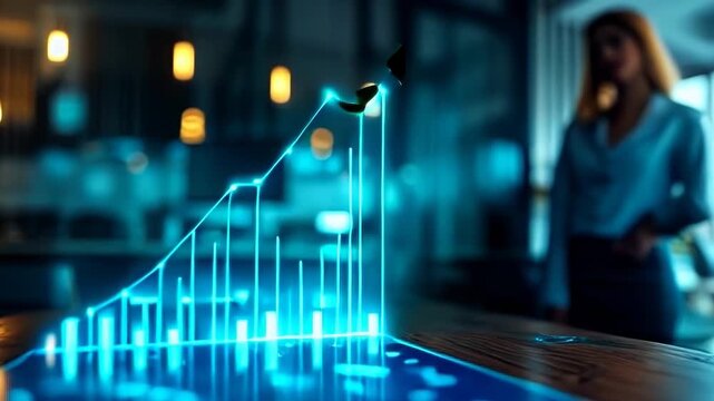 The 3d growth business graph on success financial represents profit and revenue growth, a blue bar graph with a gold arrow pointing upwards, a blurred background with a businesswoman standing