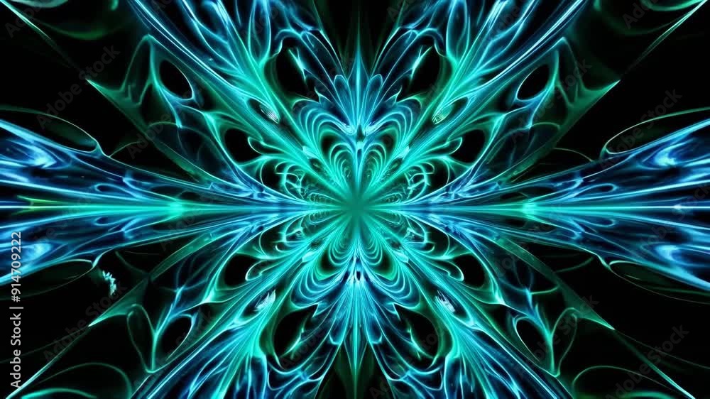 Poster mesmerizing blue and green fractal art creation in a dark background. generative ai