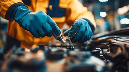 Hands of a mechanic in blue gloves meticulously adjust engine components, symbolizing precision in automotive maintenance.