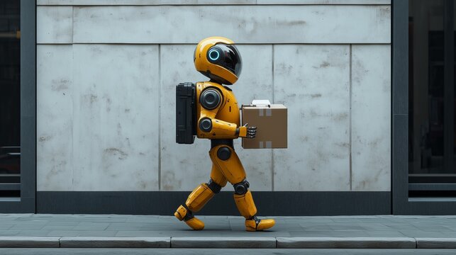 Humanoid android machine interactive robot delivering a parcel box in a busy city. Generative AI