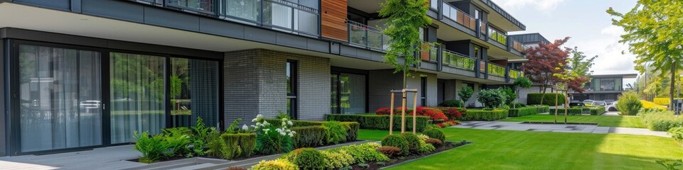 Contemporary Gray Building with Fresh Landscaping