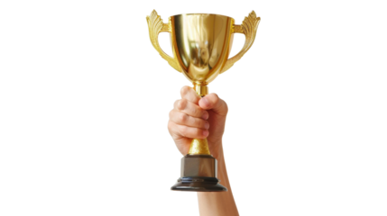 hand holding a gold trophy on transparent background