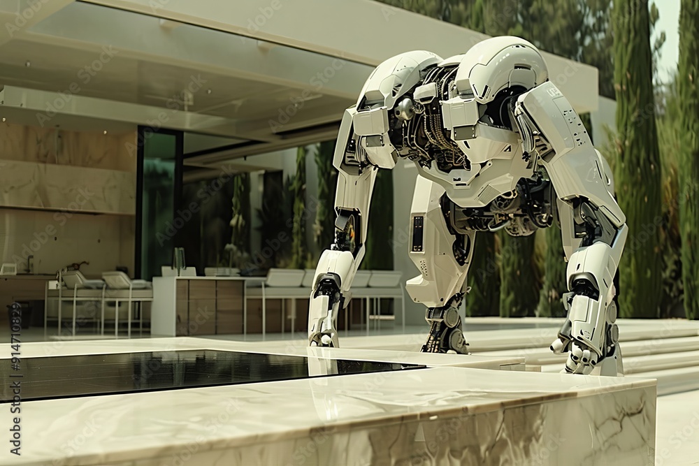 Poster advanced robotic dog in a modern home setting exploring the future of domestic robotics technology
