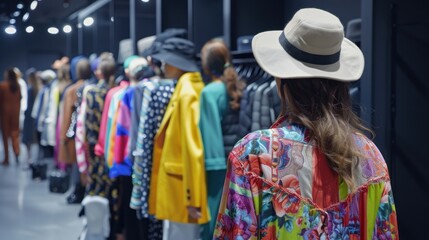 Obraz premium Woman in a white hat standing in a clothing store.