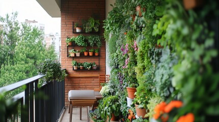 A cozy balcony garden with abundant greenery, featuring vertical planters and potted plants creating a serene outdoor space.