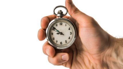 Hand holding stopwatch on transparent background 