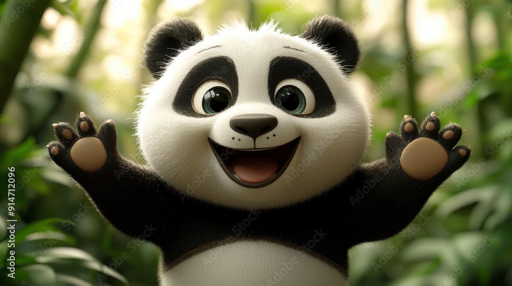 Poster cute cartoon panda waving hello