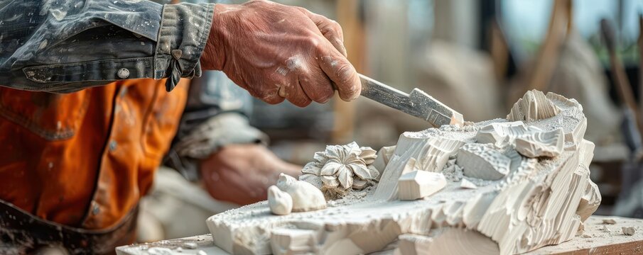 Artist chiseling a sculpture with breakthrough techniques, close up, theme ingenuity, dynamic, composite, outdoor workshop backdrop