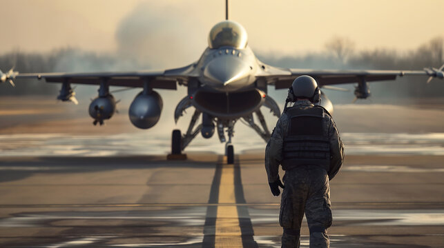 a fighter pilot is heading to the plane to prepare for flight and battle