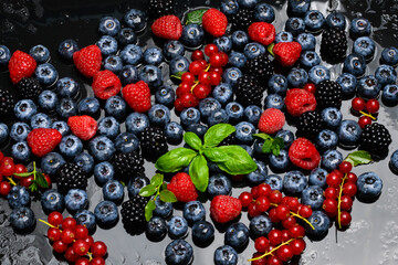 Berries background. Summer berries background. Blueberry, raspberry red currant and blackberry mix. Berry background. Fresh berry mix. Berries for berry background.