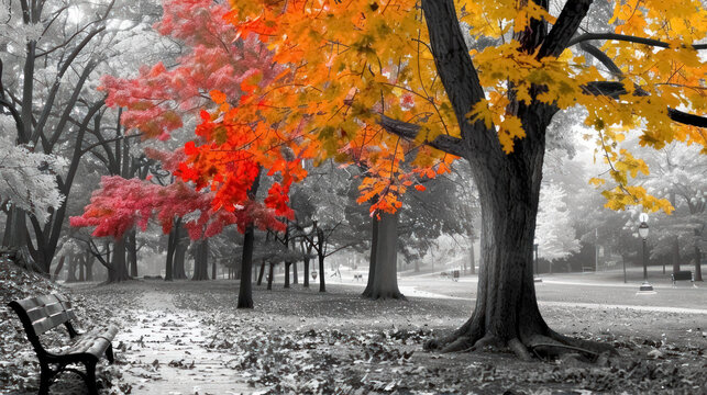 vibrant autumn colors in a serene park with selective color treatment