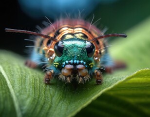Vibrant caterpillar with orange, yellow, blue, and green colors crawls on a lush green leaf, showcasing nature's beauty and the importance of biodiversity