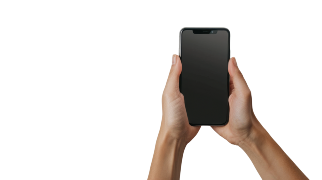 Hand holding smartphone on transparent background