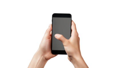 Hand holding smartphone on transparent background