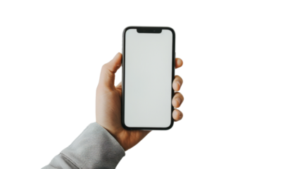Hand holding smartphone on transparent background