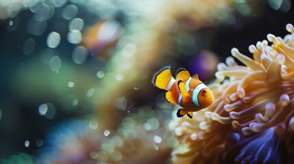 Close-up of a Clownfish Swimming Near a Sea Anemone
