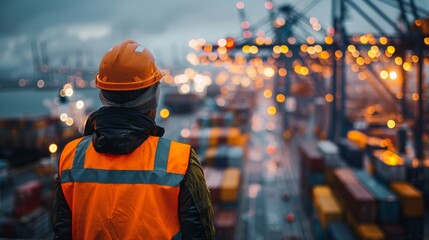Worker overseeing a busy industrial port at night with lights
