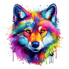 Naklejka premium Colorful Wolf Head Illustration With Watercolor Splashes