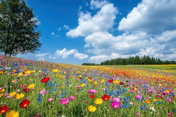 Obraz premium A colorful array of wildflowers stretches across a sunny landscape, framed by lush green trees beneath a bright blue sky filled with fluffy clouds