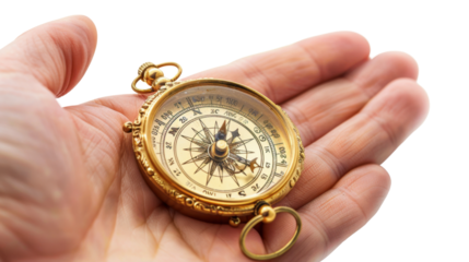 Hand holding compass on transparent background