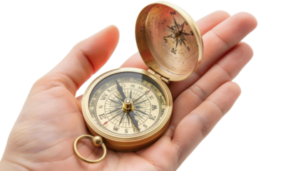 Hand holding compass on transparent background